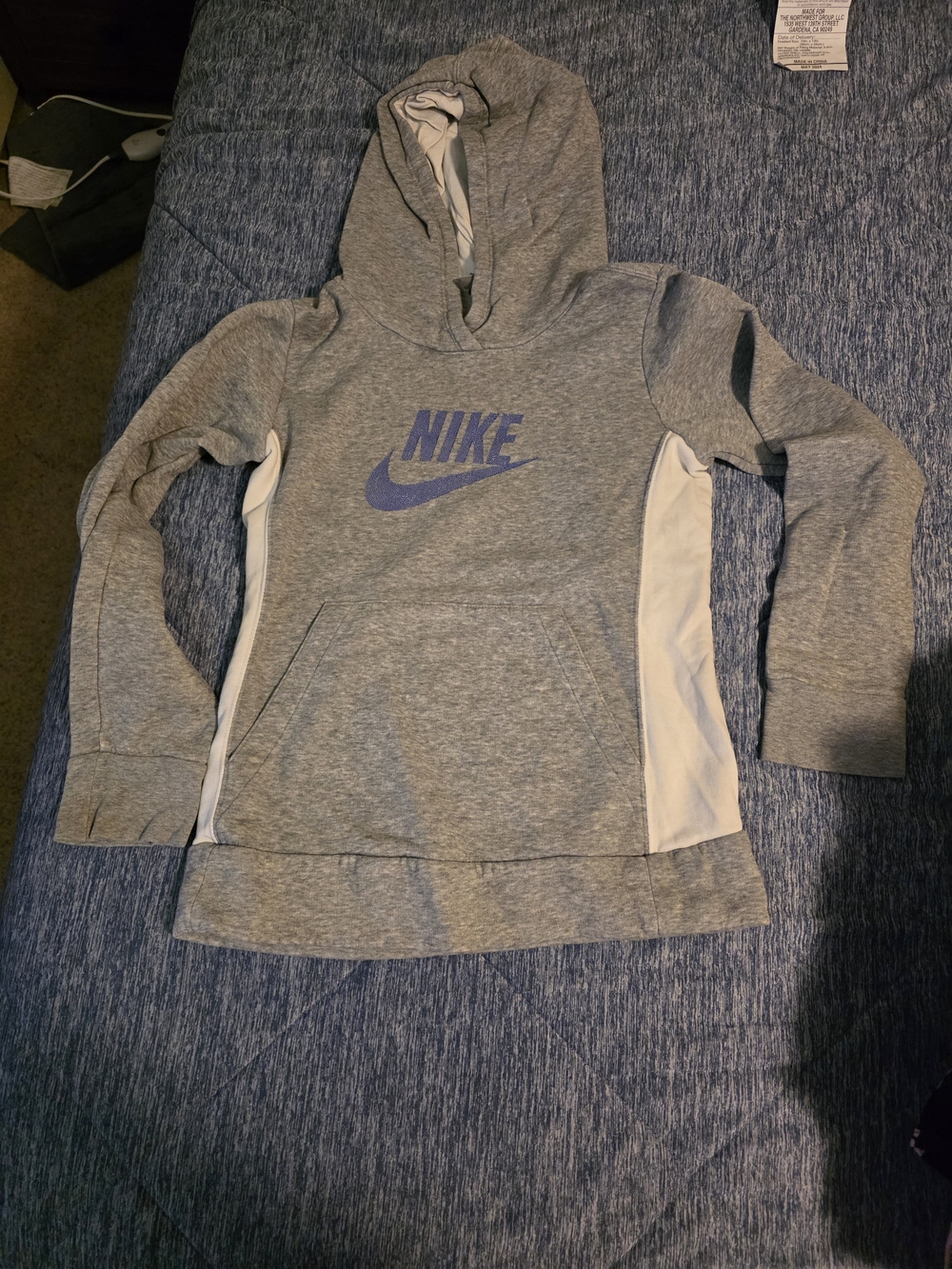 Nike Gray Pullover Hoodie with Purple Logo and White Panels
